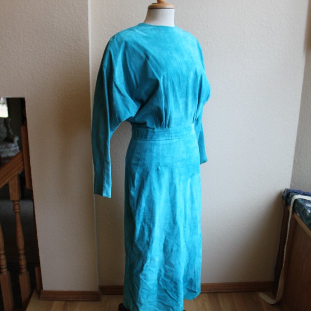 Vintage 80's Turquoise Suede Leather Fitted Dress From Nordstrom L 28" waist - Picture 6 of 9